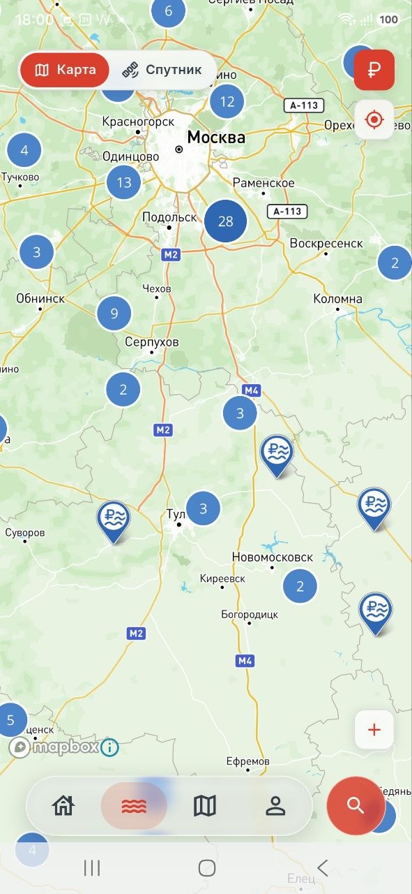 Карта водоёмов с пинами по типу