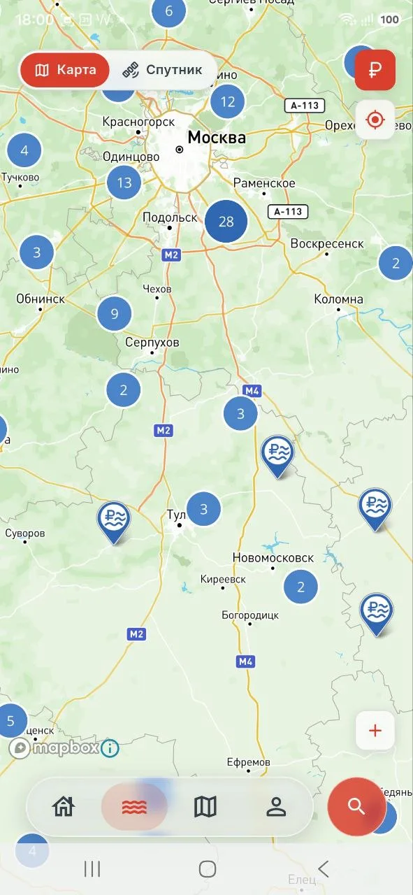 Карта водоёмов с пинами по типу